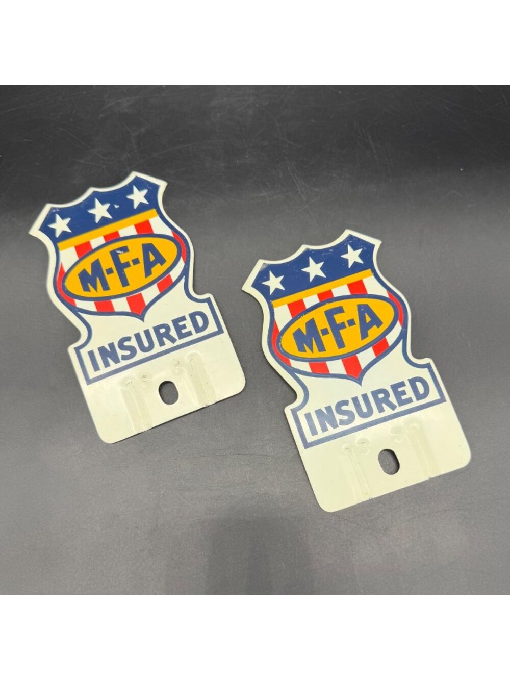 Vintage MFA Insurance License Plate Toppers Metal Agriculture Advertising Shield